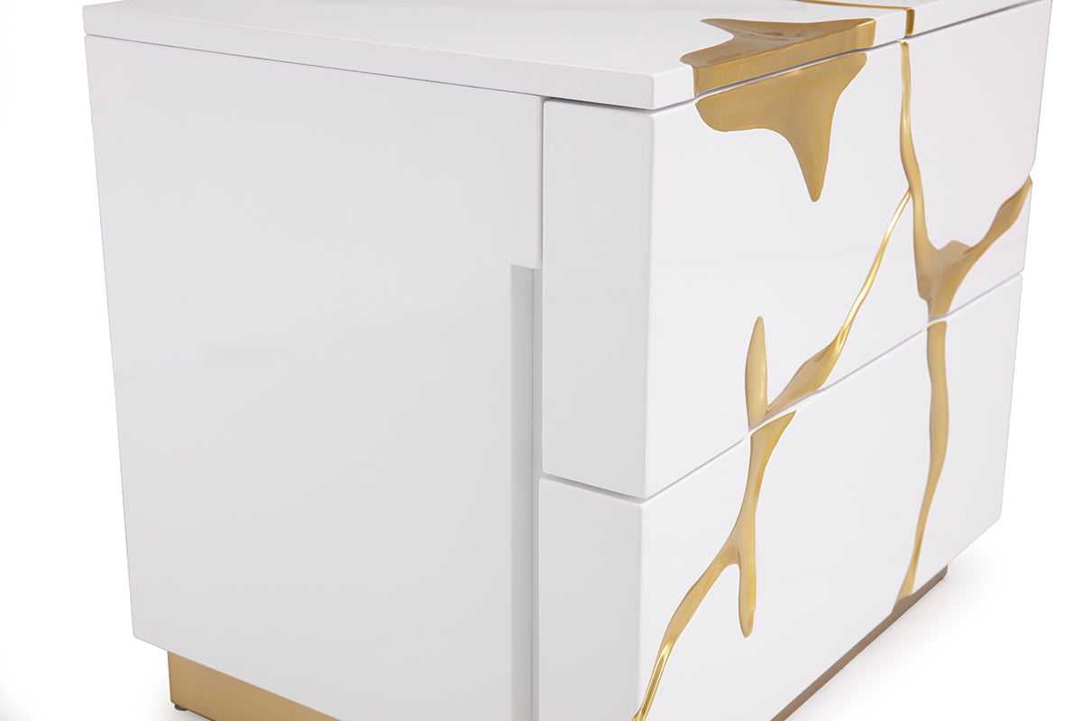 Modrest Aspen Modern Wide White & Gold Nightstand