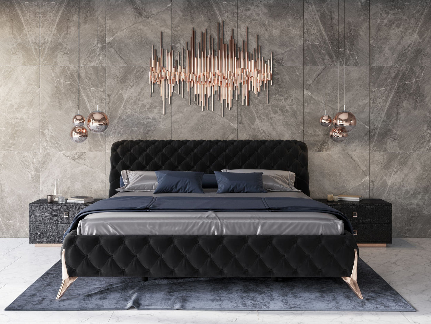 Modrest Legend - Modern Black Velvet & Rosegold Bed